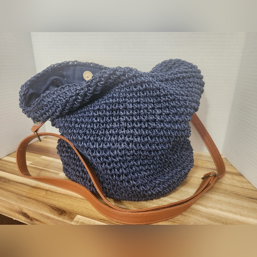 Navy Blue Crochet Hobo Bag with Tan Straps